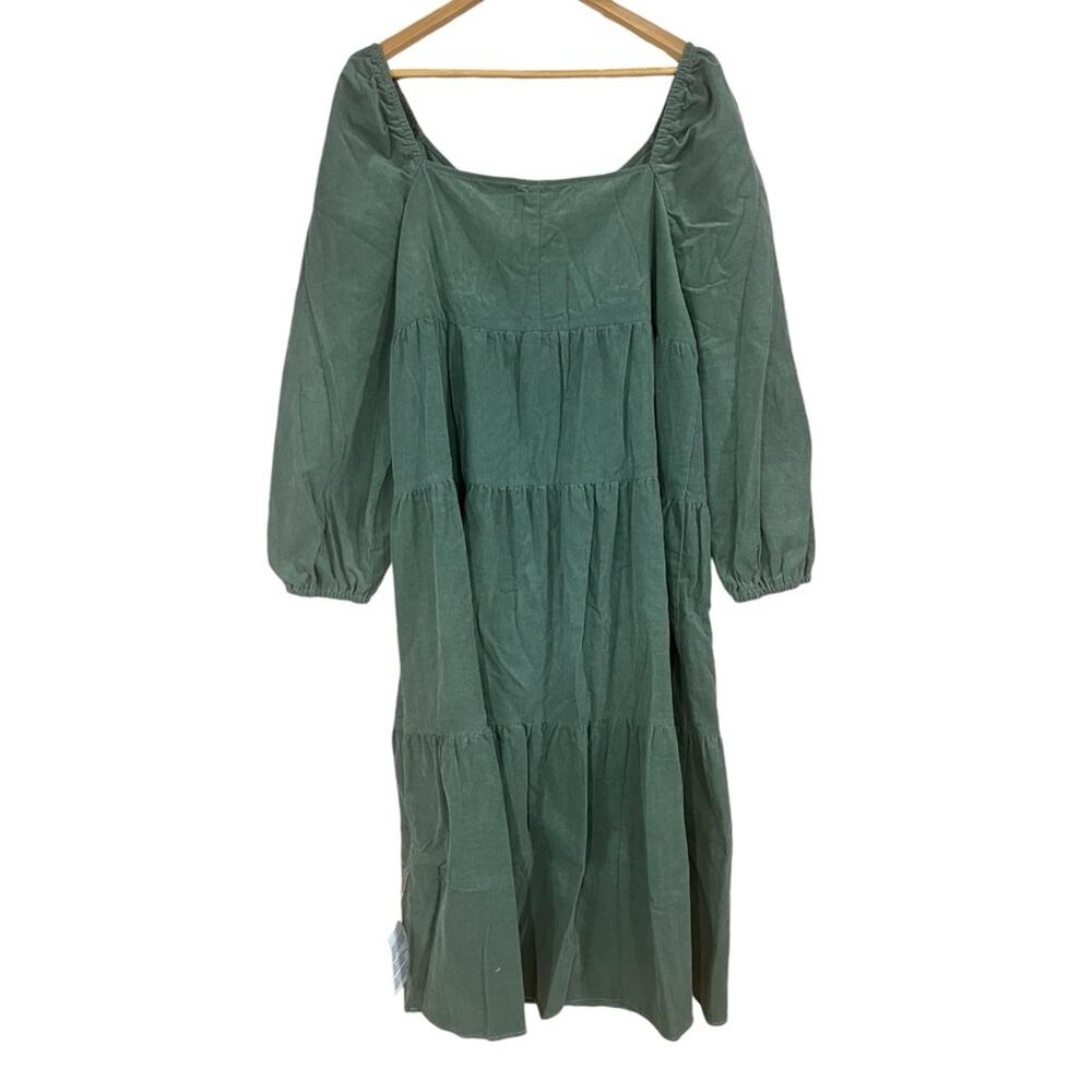ASOS DESIGN tiered cord babydoll midi smock dress in green khaki SIZE 14 - Picture 7 of 7